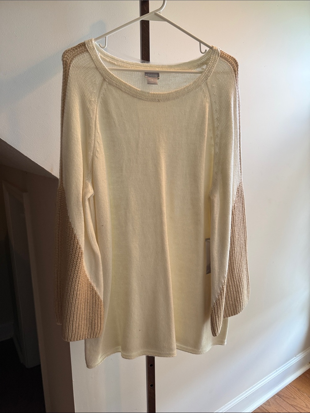 Chico's Cream Sweater with Tan Sleeve Panels